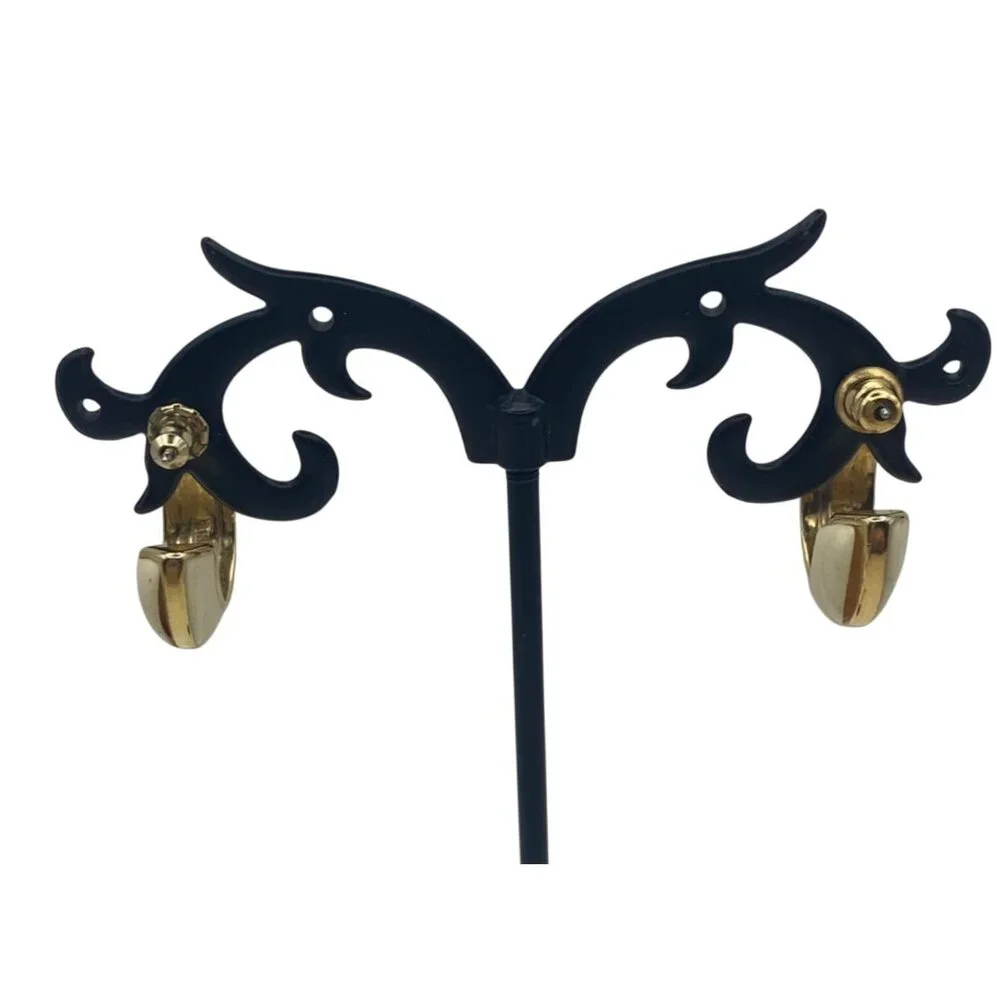 Vintage Trifari Ivory Gold-Tone Hoop Earrings Pierced Classic Puffy Corpcore - Picture 8 of 11